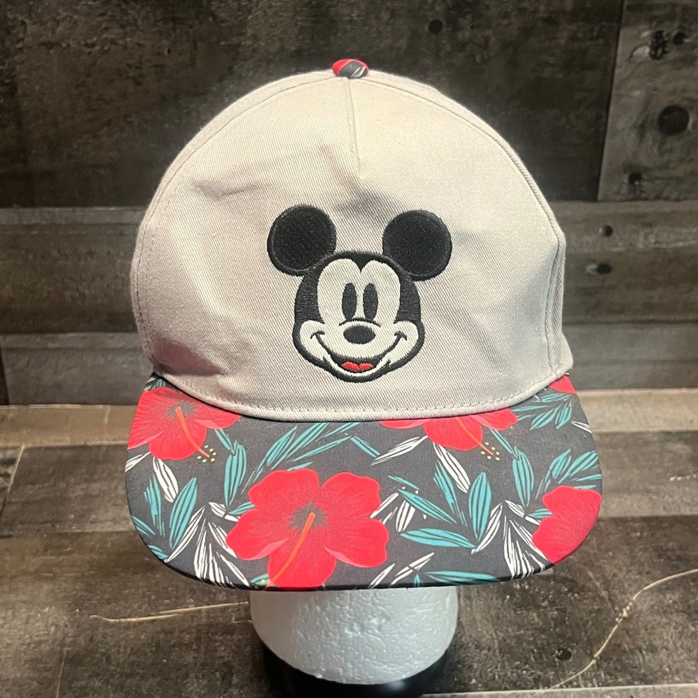 Disney Mickey Mouse Snapback Hat Gray Tropical Hibiscus Floral Flat Brim Cap